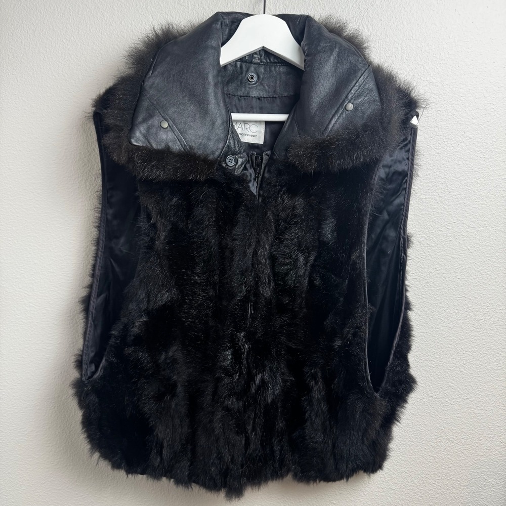 Marc by Andrew Marc Opossum Fur Leather Vest S Regular Black Zip Front Collar